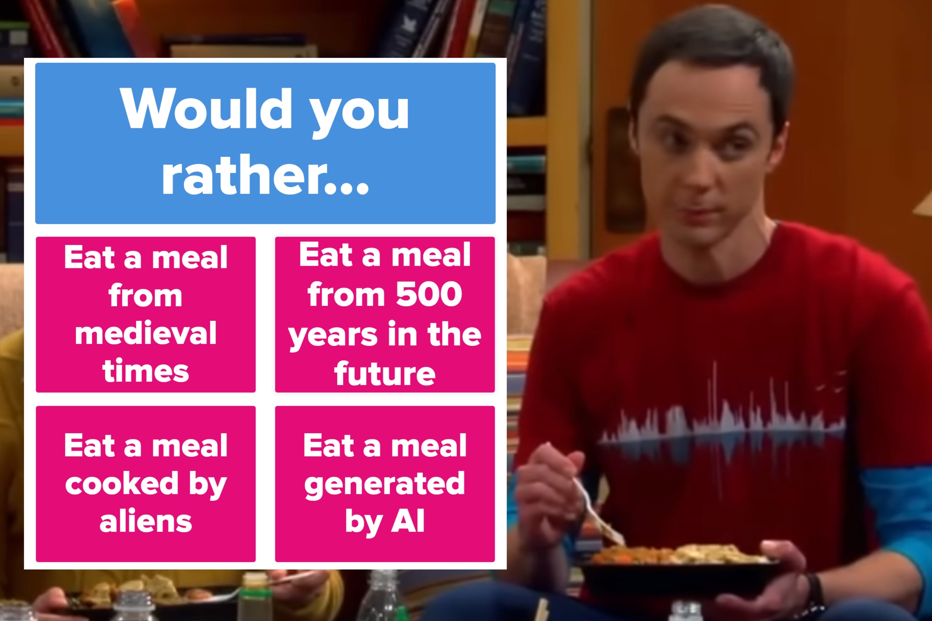 A man with a serious expression next to a "Would you rather..." quiz about food preferences