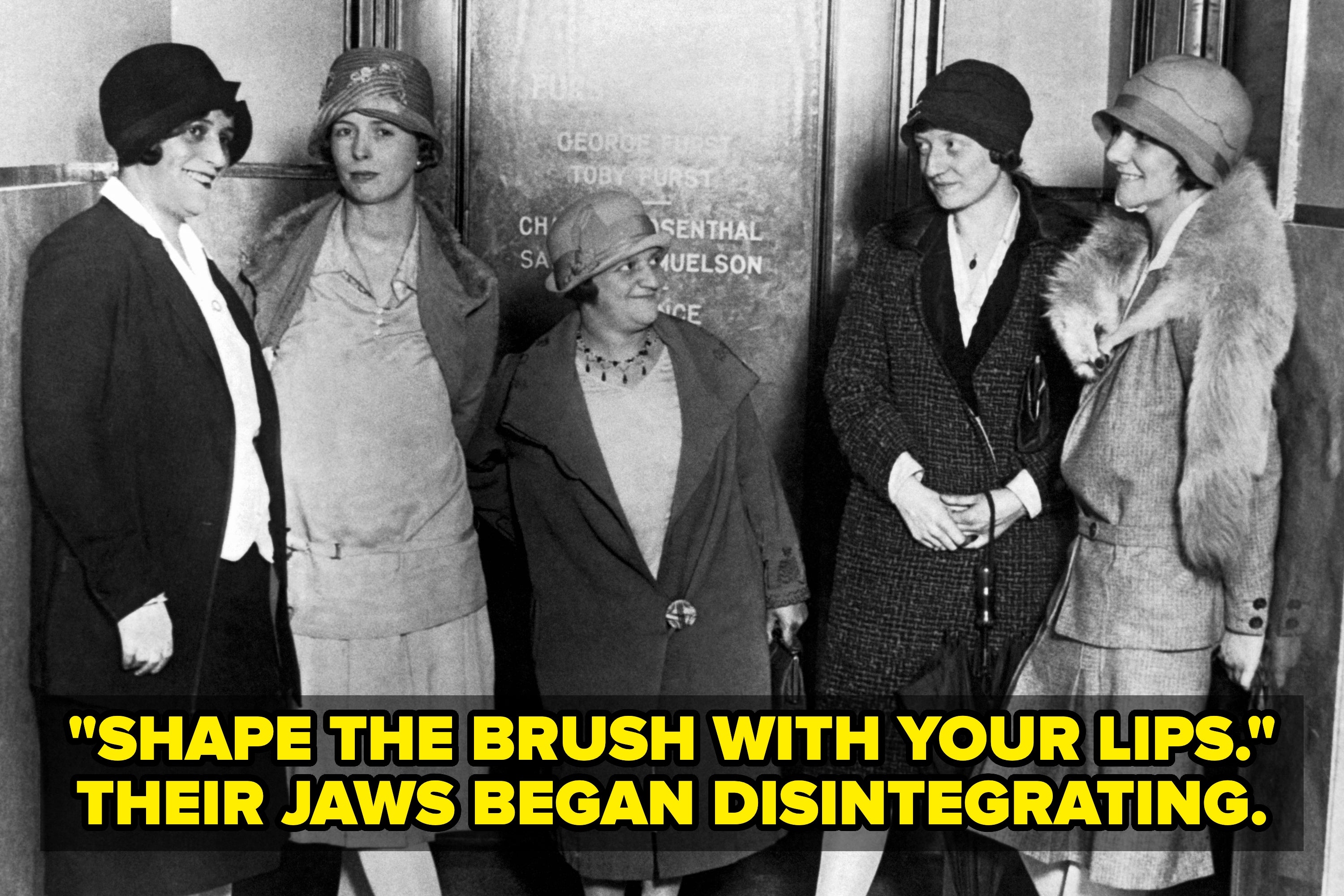 A group of women from the early 20th century are smiling. Overlay text explains how a company falsely blamed jaw disintegration on syphilis