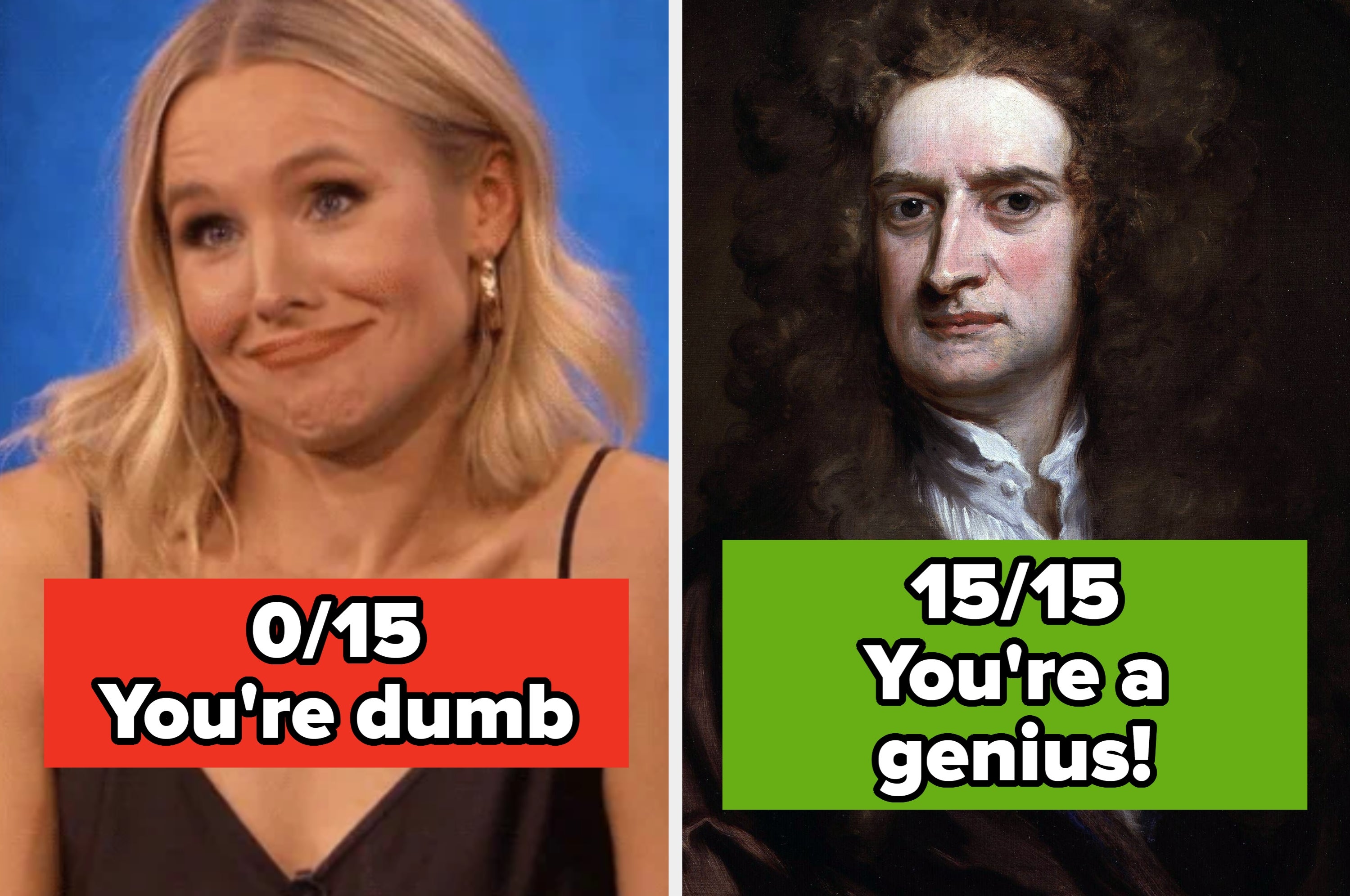Split image: Left shows woman shrugging, labeled "0/15 You're dumb"; right shows historical figure, labeled "15/15 You're a genius!"