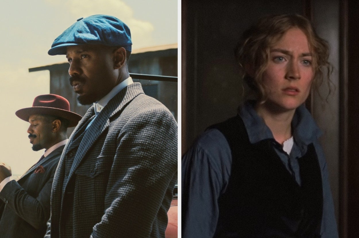 Two people in period costumes: one in a suit with a newsboy cap, the other wearing a vest over a blouse, both appear to be in a dramatic scene