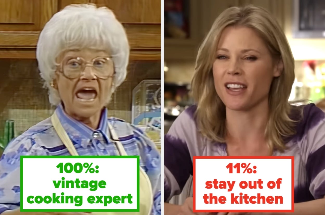 Split image: Left, older woman in retro attire with text "100%: vintage cooking expert"; Right, younger woman with text "11%: stay out of the kitchen."