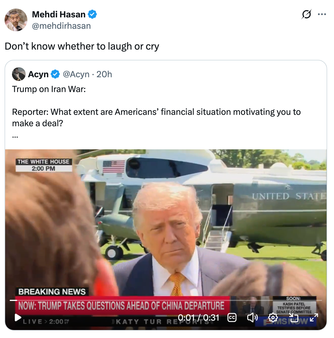 Skjermbilde av en tweet med et nyhetsvideoklipp med en chyron om Trump og en reporter som spør om økonomisk motivasjon i avtaleinngåelse