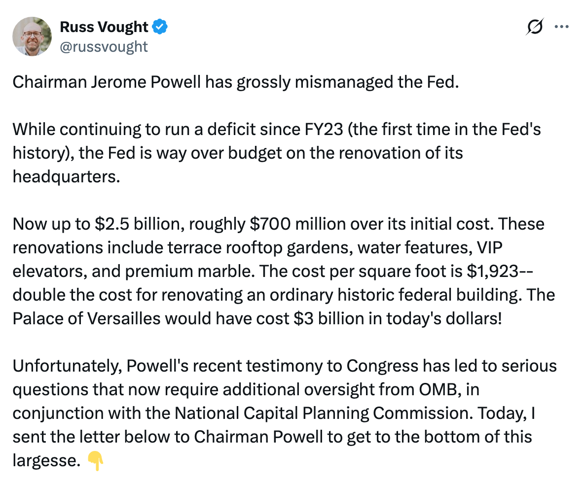 Tweet criticizing Jerome Powell for fiscal  mismanagement, citing renovation costs and calling for accountability successful  a committee   hearing