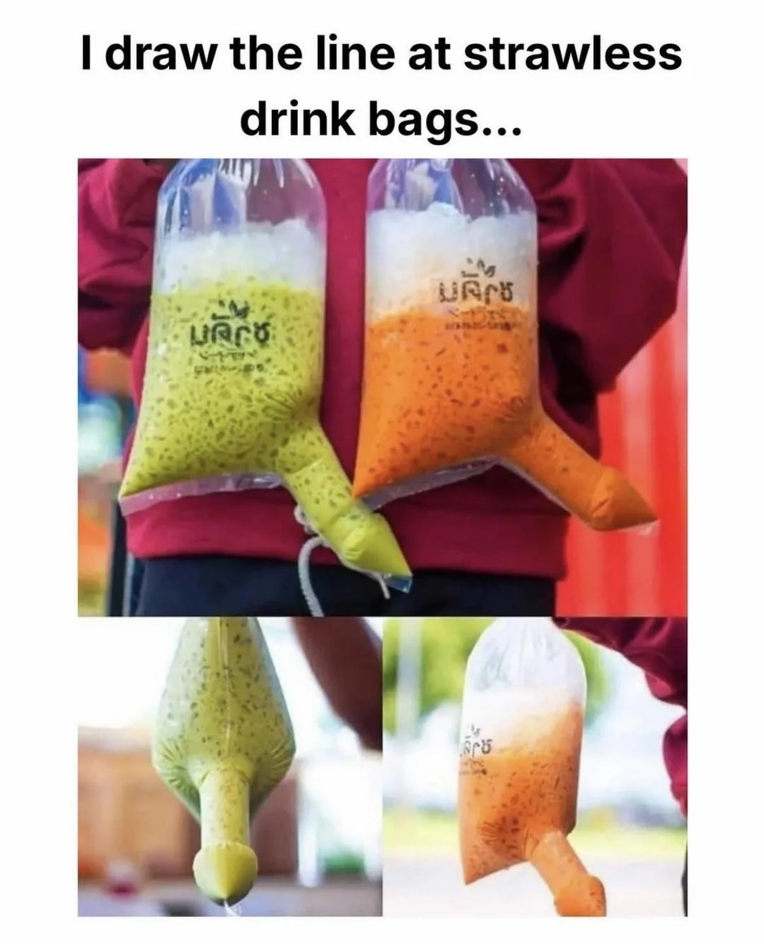 Two images amusement   portion  bags with straws connected  a person's body. Caption: "I gully  the enactment     astatine  strawless portion  bags…"