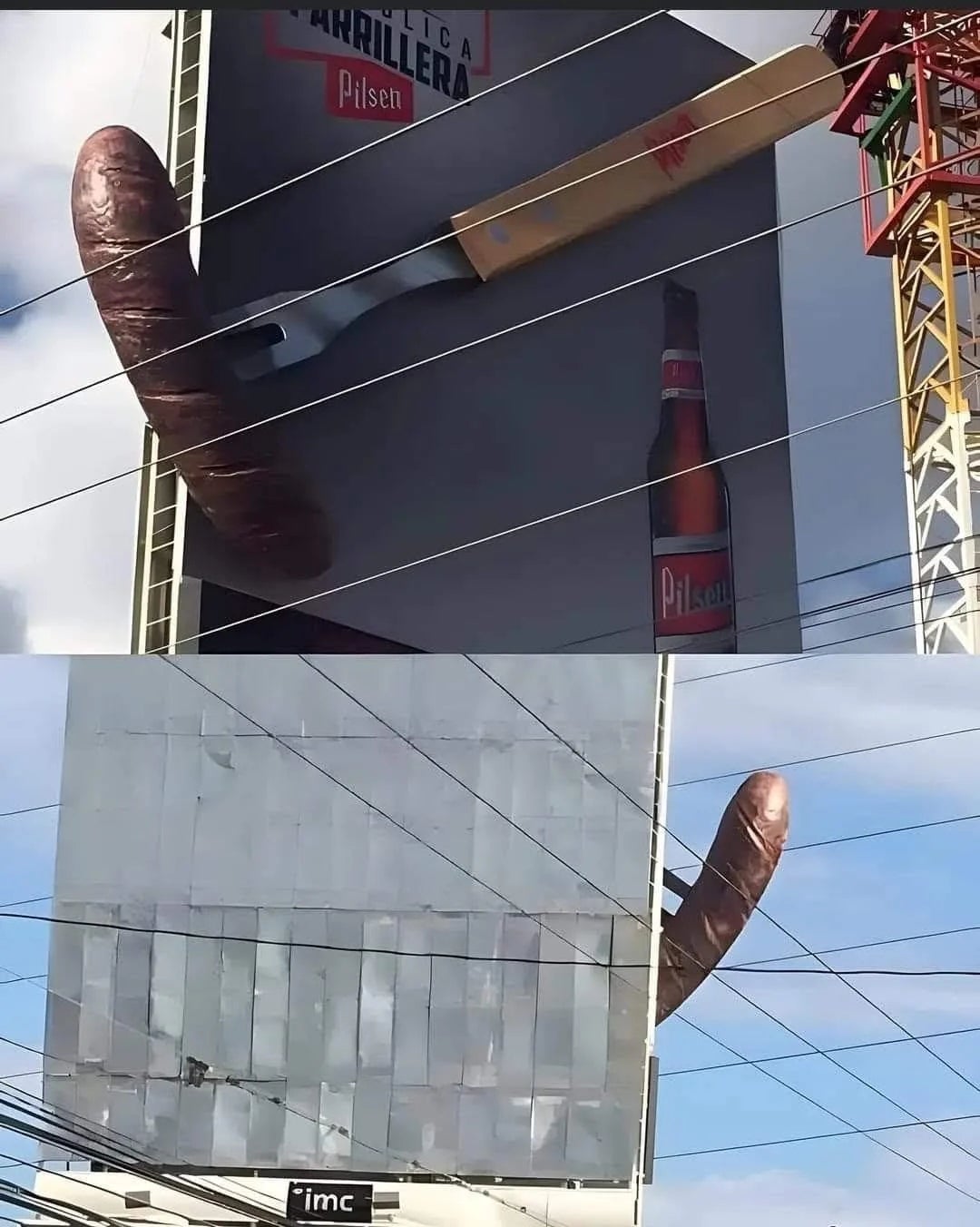 Large billboard with a fork and sausage sculpture overhanging the frame. A brew  vessel  is disposable   to the right