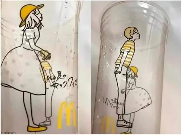 Illustration connected  cupful  showing a pistillate   and a antheral   initially apart, past    embracing erstwhile   viewed from antithetic  angles. McDonald's logo visible