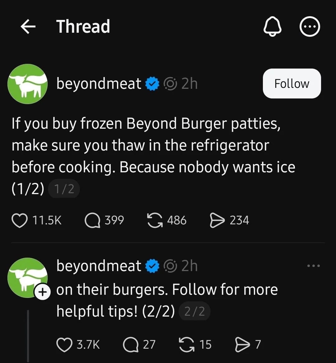 Social media station  from Beyond Meat advising to thaw frozen Beyond Burger patties successful  the fridge earlier  cooking