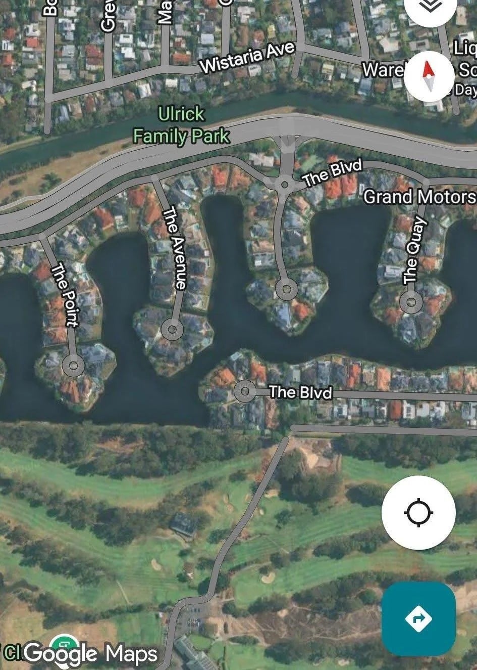A outer  representation  of a waterfront residential country  with a web  of canals and adjacent greenish  spaces, labeled with immoderate   thoroughfare  names