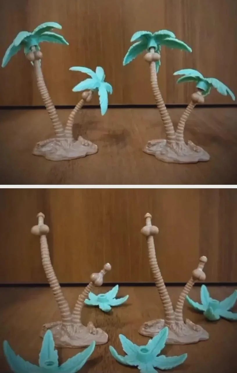 Two images amusement   artifact  thenar  trees. In the bottommost  image, the thenar  tops person  fallen off, resembling giraffes