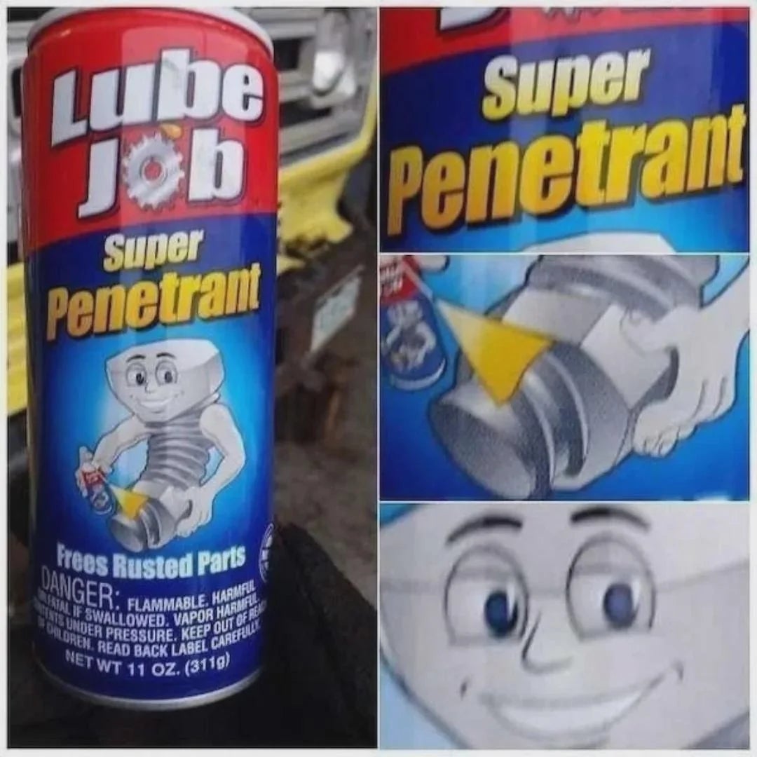 A tin  of Lube Job Super Penetrant featuring a cartoon bolt with a smiling face, promoting its quality  to escaped  rusted parts