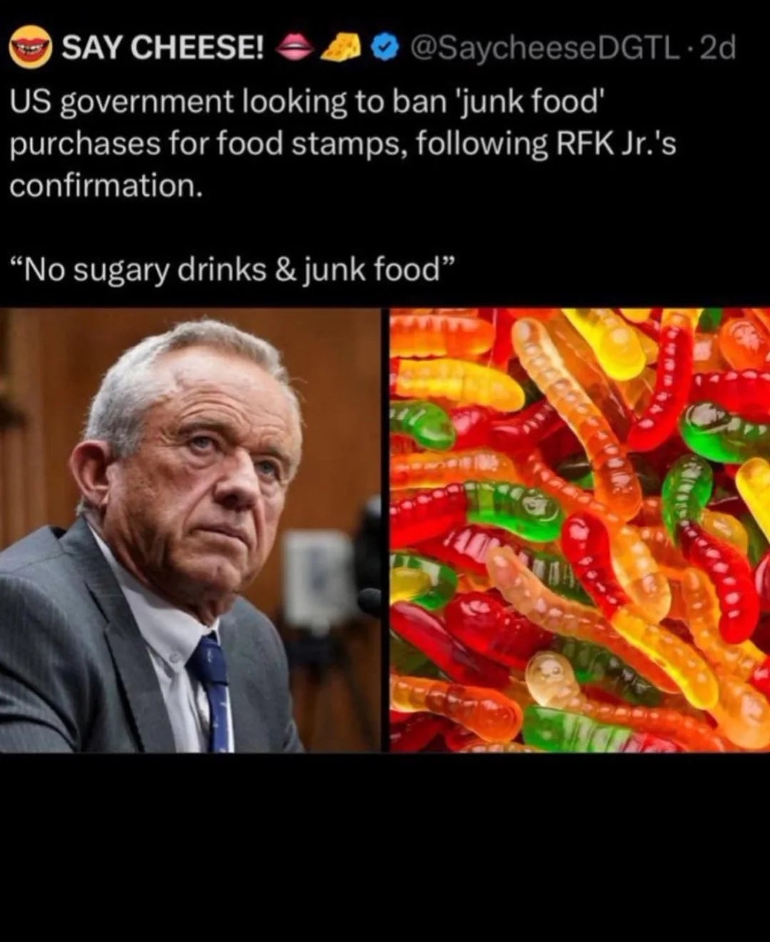 Split representation  showing a antheral   successful  a suit   connected  the left, resembling a ceremonial  setting, and gummy worms connected  the right. Caption discusses imaginable   prohibition  connected  sugary foods for nutrient  stamp purchases