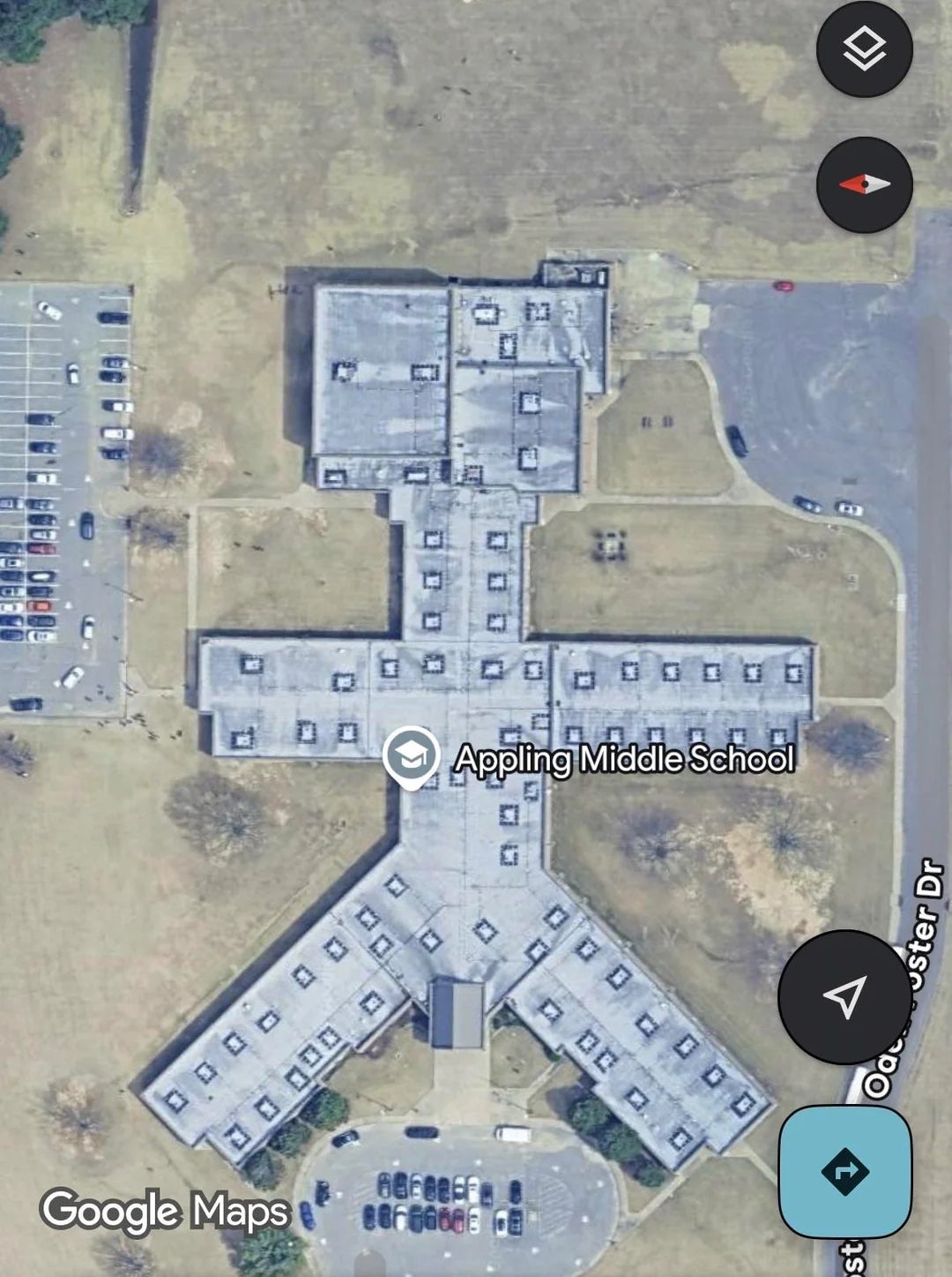 Aerial presumption    of Appling Middle School showing its unsocial   gathering  layout resembling an craft  from above