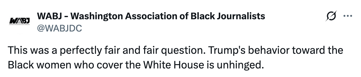 Tweet fra WABJ som kritiserer Trumps oppførsel mot svarte kvinnelige journalister som dekker Det hvite hus, og kaller det uhengslet