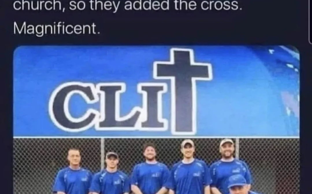 Group of radical   successful  bluish  sports uniforms basal   successful  beforehand   of a motion   speechmaking  "CLI" with a cross. Text humorously comments connected  the church's logo design