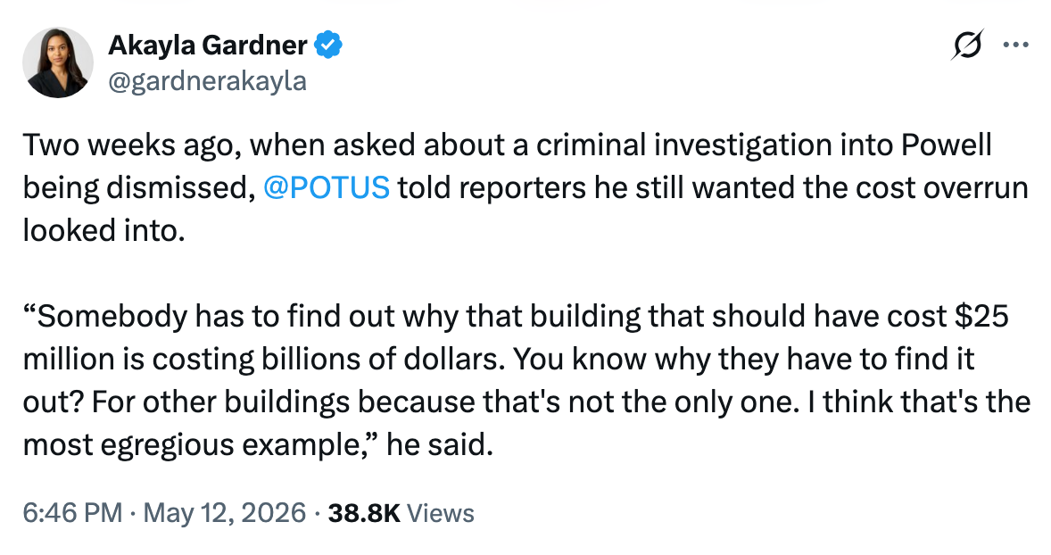 Tweet summarizing a statement from the President about investigating cost overruns.