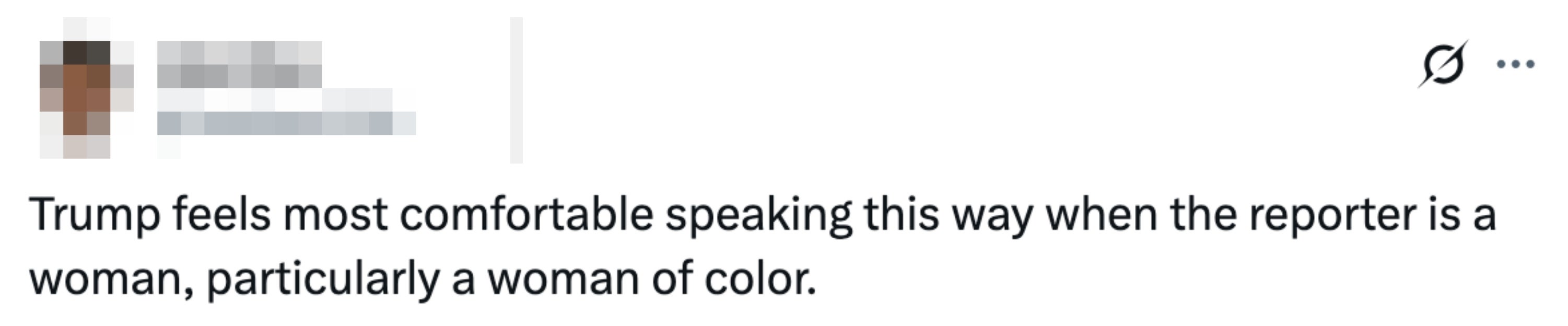 Tweet av Lisa Bee som kritiserer Trumps oppførsel overfor kvinnelige journalister, spesielt fargede kvinner