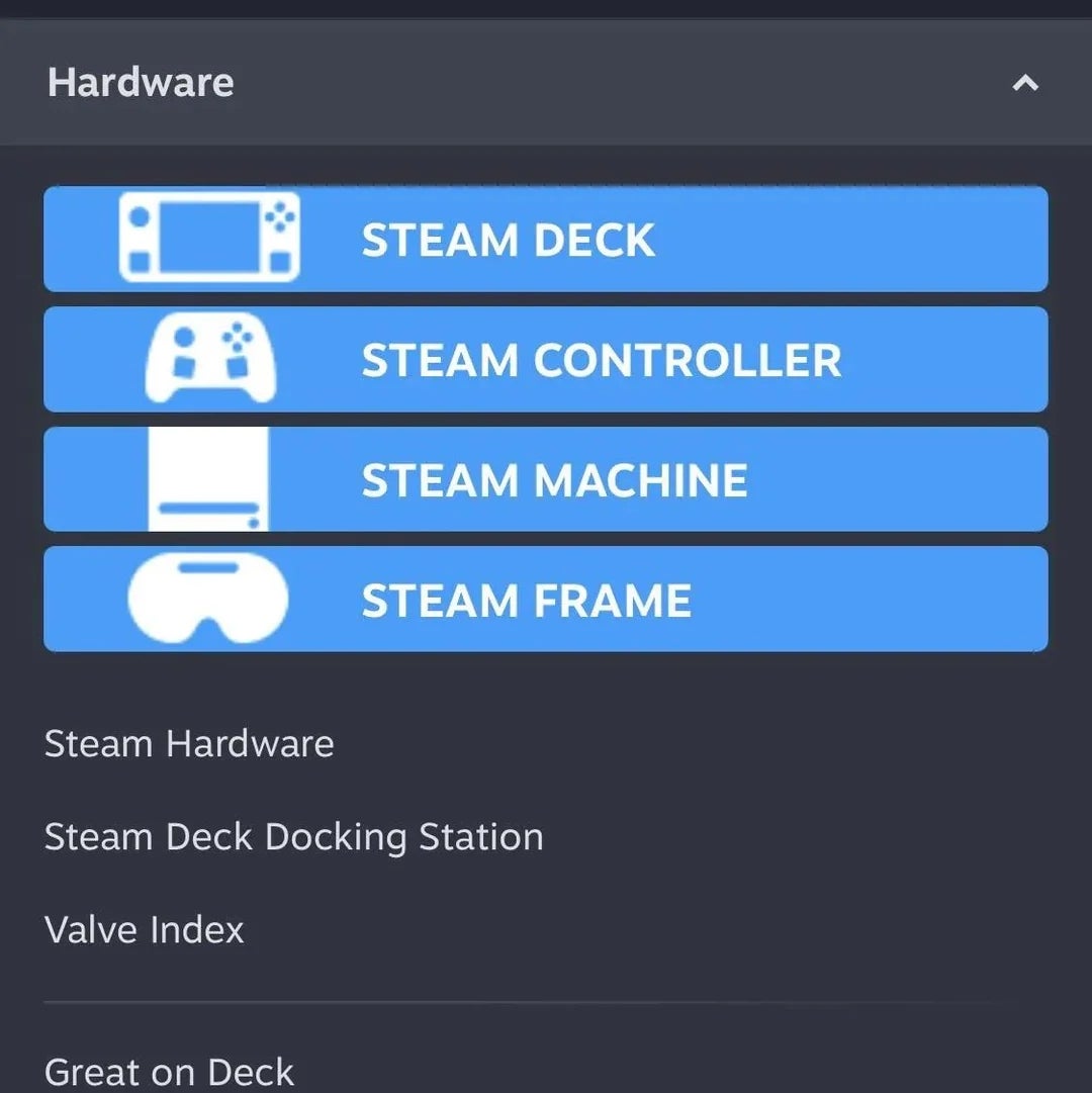  Steam Deck, Steam Controller, Steam Machine, and Steam Frame. Other items see  Valve Index and Great connected  Deck