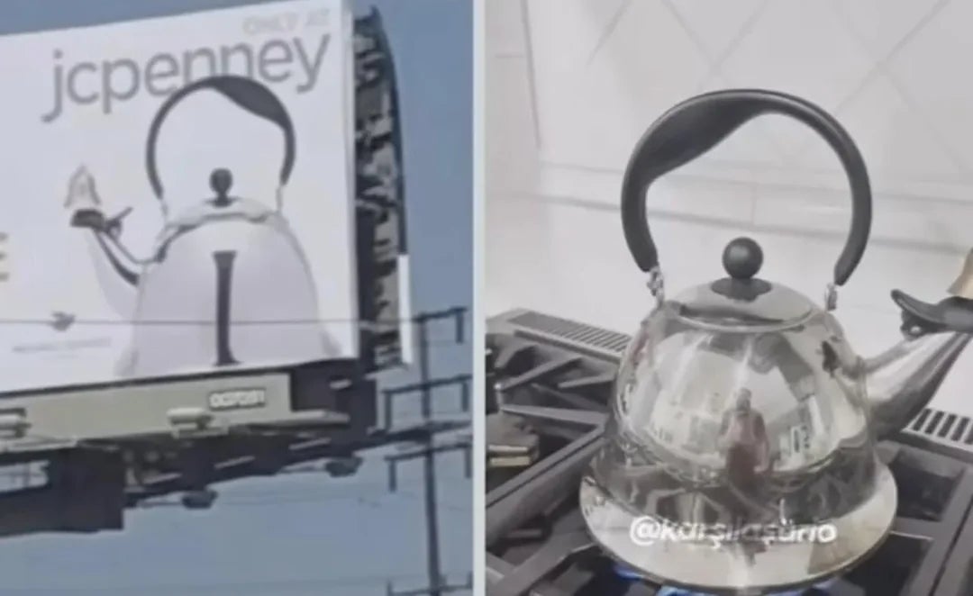 Side-by-side representation  of a JCPenney billboard advertizing  a kettle and a akin  kettle connected  a stove