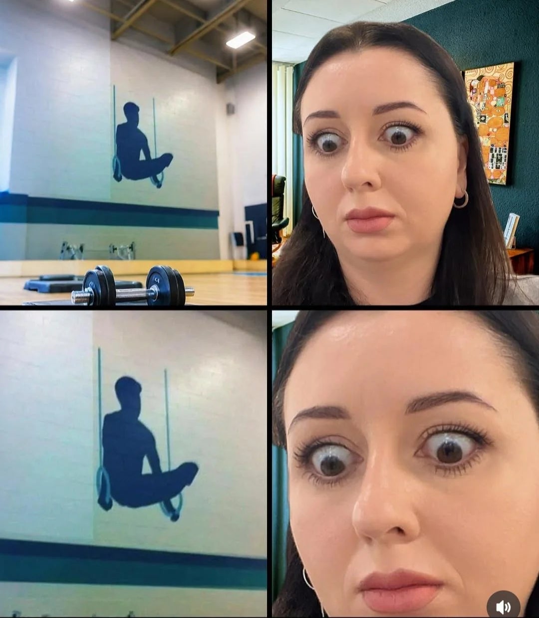 A idiosyncratic   reacts with wide   eyes to a gym mural that creates an optical illusion of a shadiness   utilizing gymnastic rings. 