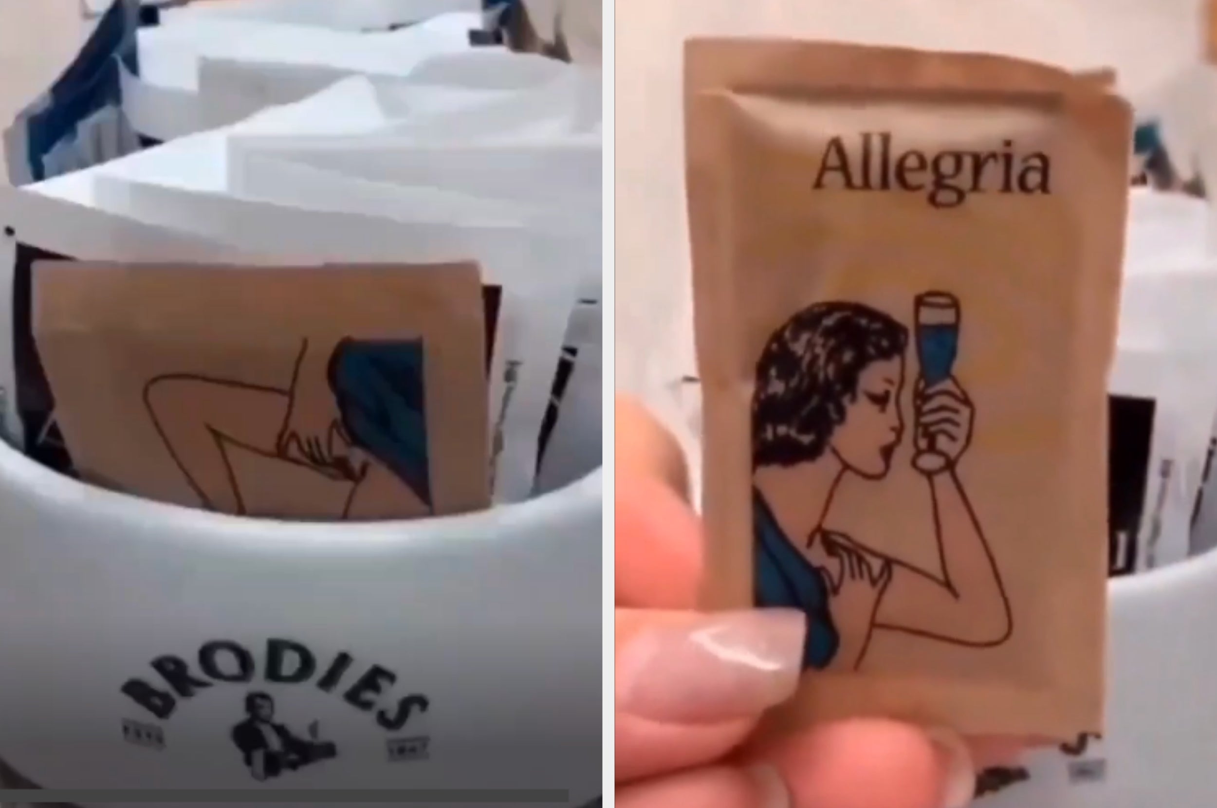 Two images of beverage  sachets successful  a instrumentality  labeled "Brodies." One sachet shows a pistillate   holding a portion  with "Allegria" text