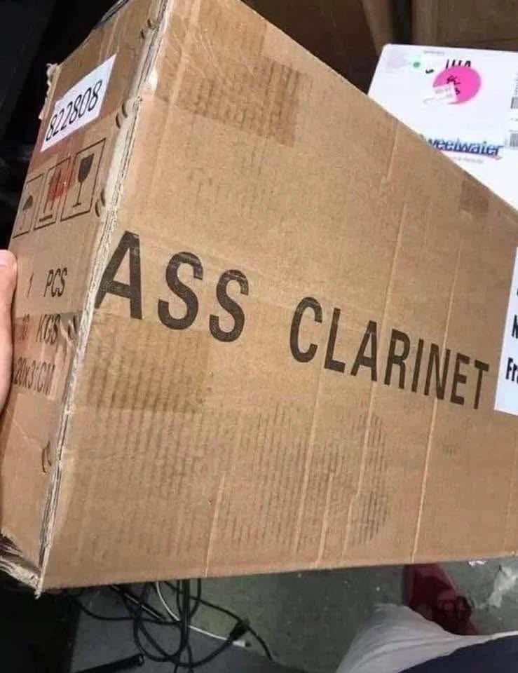 Cardboard container  labeled "BASS CLARINET," wherever  "B" is obscured, humorously altering the text