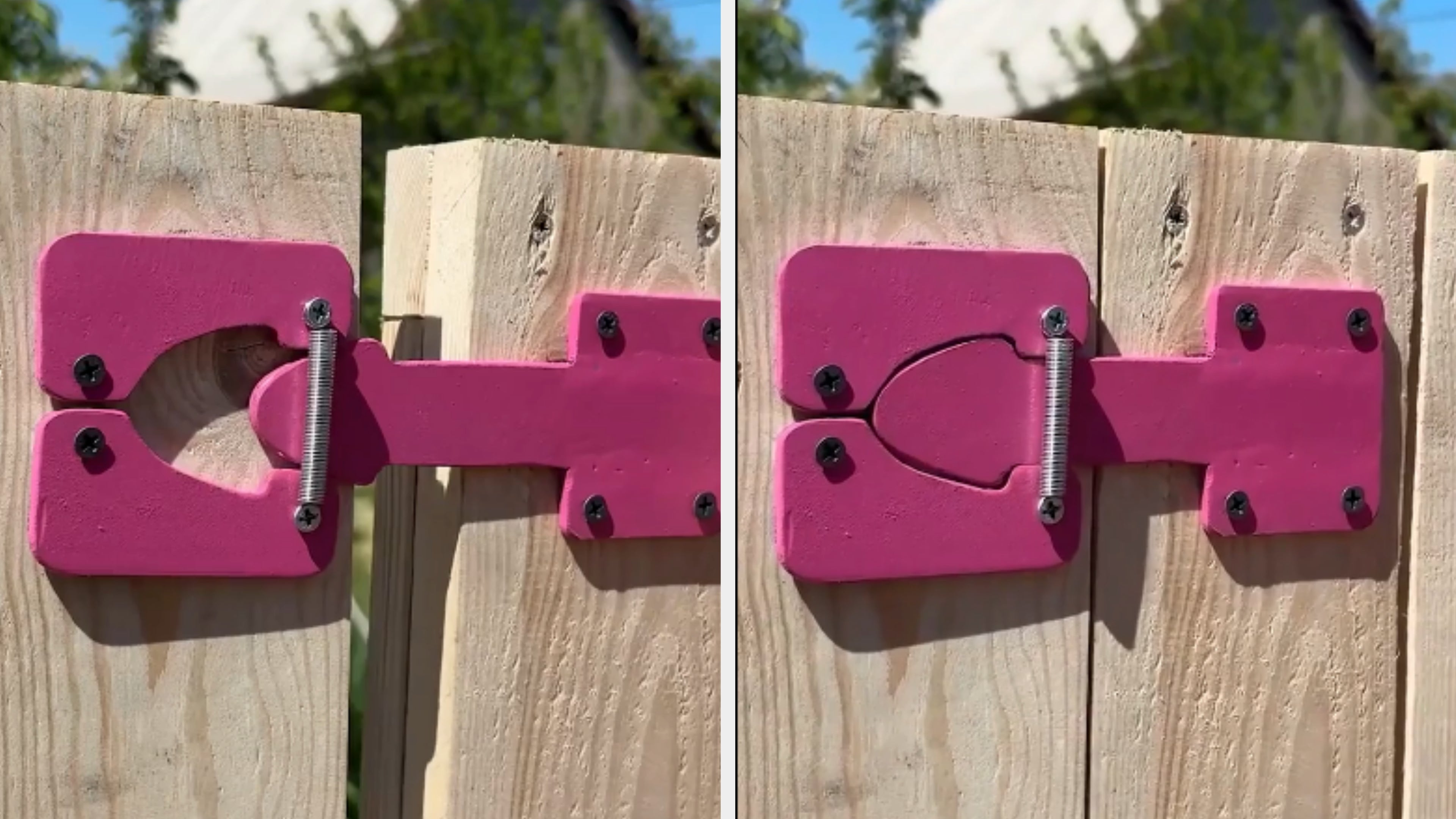 A woody  gross  secured with a pinkish  latch. One broadside  is open, the different   is closed, demonstrating the latch mechanism