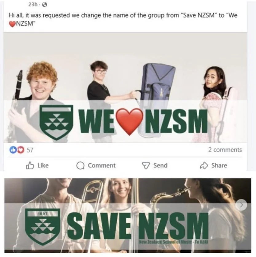  The group's sanction  changed from "Save NZSM" to "We ❤️ NZSM." Shows young individuals and philharmonic  instruments