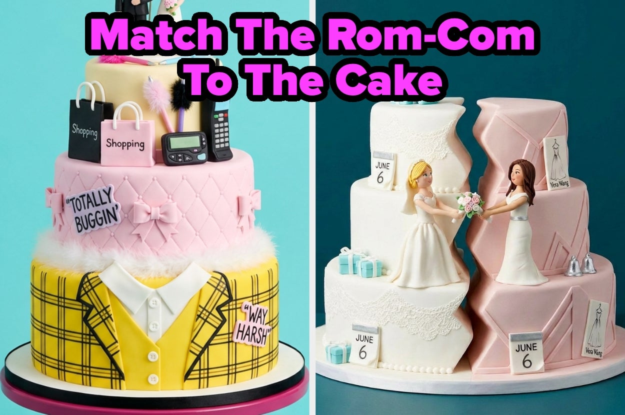 Split image of two themed cakes: one with shopping bags and iconic '90s fashion, the other with wedding figures and June 6 date tags
