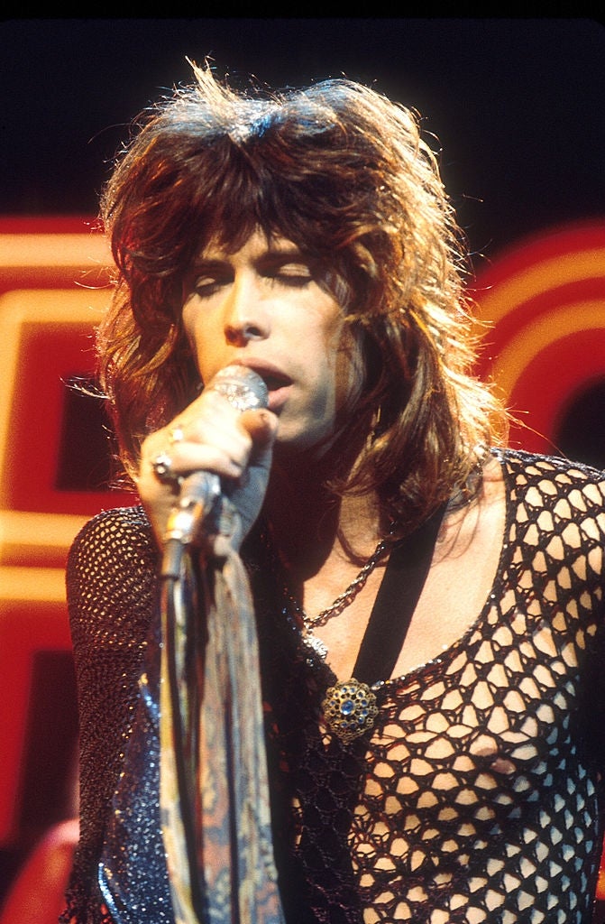 Person singing passionately into a microphone portion wearing a netted garment with long, voluminous hairsbreadth connected stage