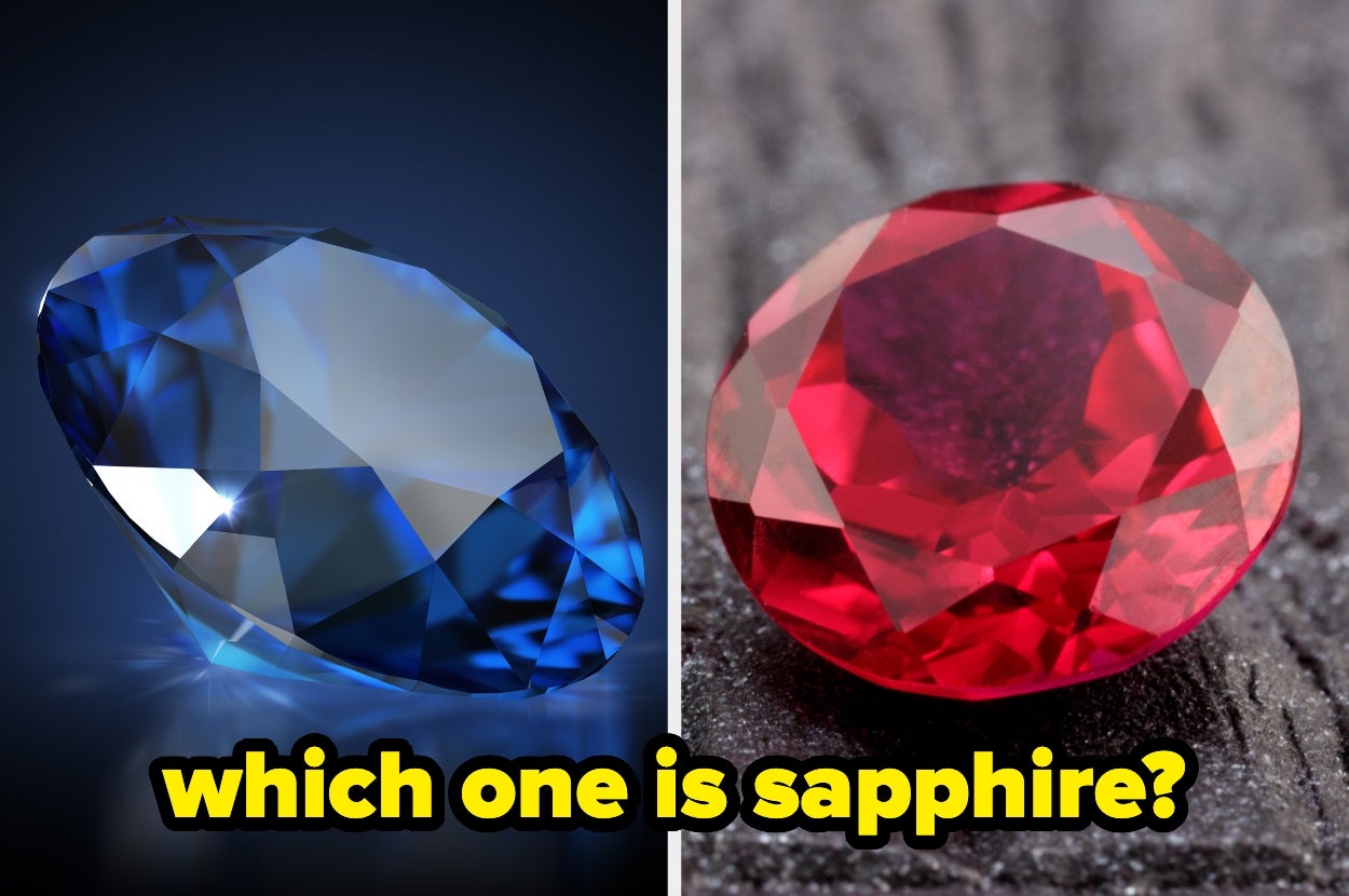 Two gems: one blue and faceted, the other red. Text asks, "Which one is sapphire?"