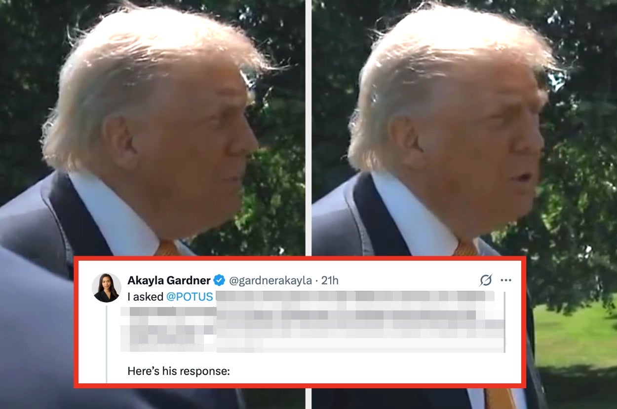 Person in suit speaking outdoors, alongside blurred tweet caption indicating a response to a question
