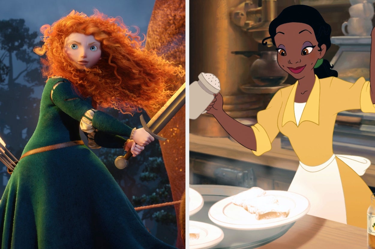 Animated characters Merida, with a sword, and Tiana, cooking, from popular films