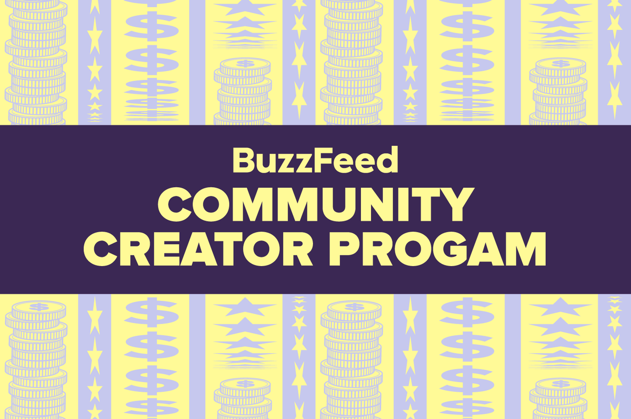 BuzzFeed Community Creator Program announcement with decorative coin and symbol patterns in the background