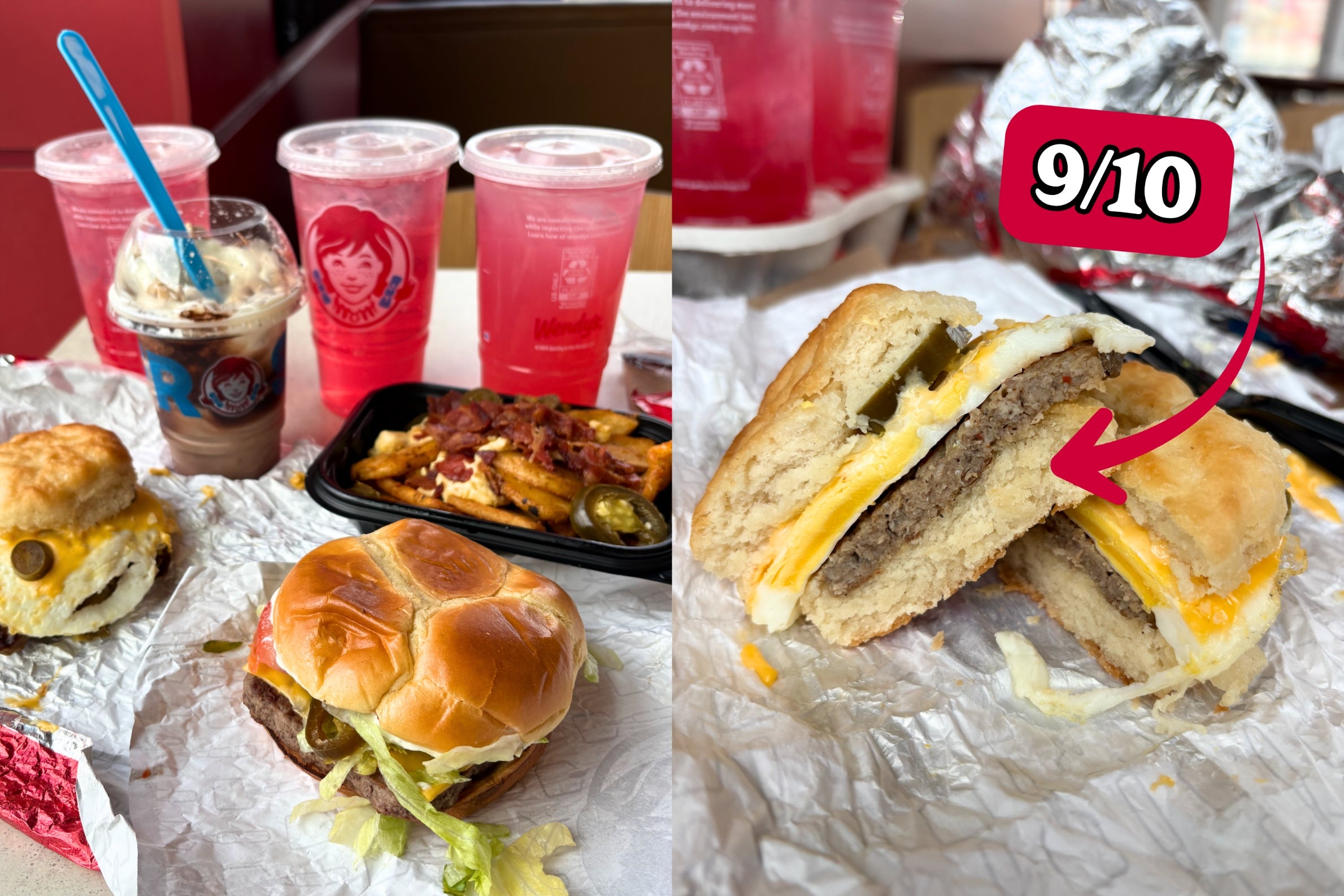 Fast food meal with burgers, fries, and drinks, featuring a split breakfast sandwich rated 9/10