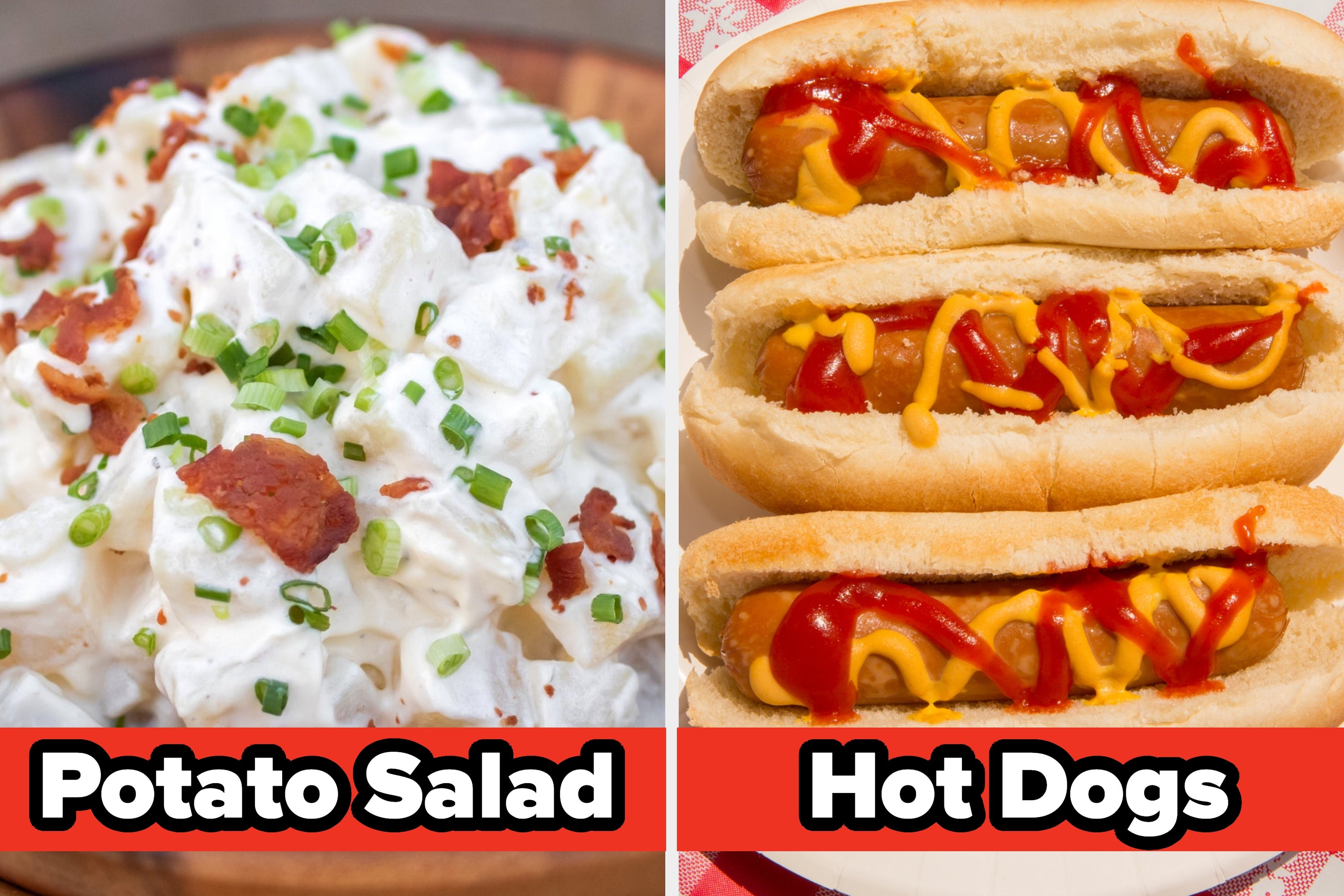 Potato salad with bacon and chives next to three hot dogs topped with mustard and ketchup. Text reads "Potato Salad" and "Hot Dogs."