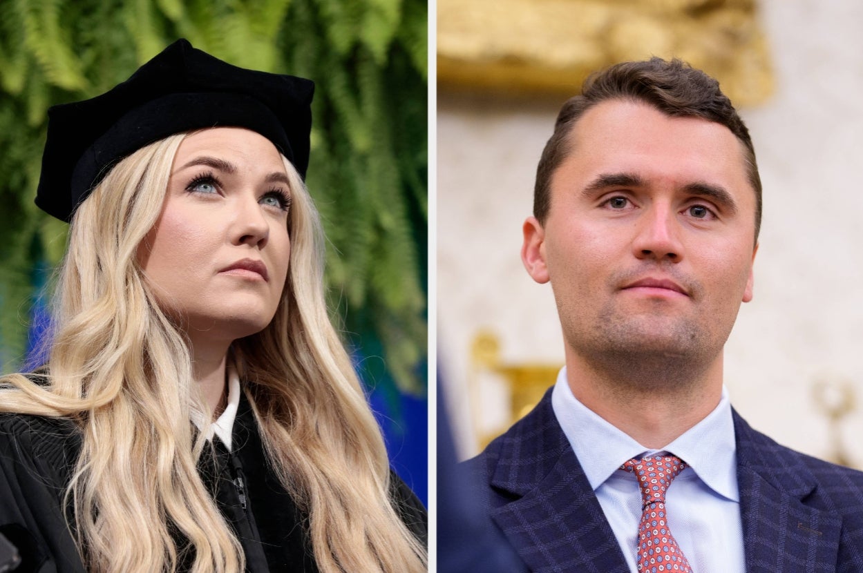 Two individuals at events: one wearing graduation attire, the other in a business suit with a tie