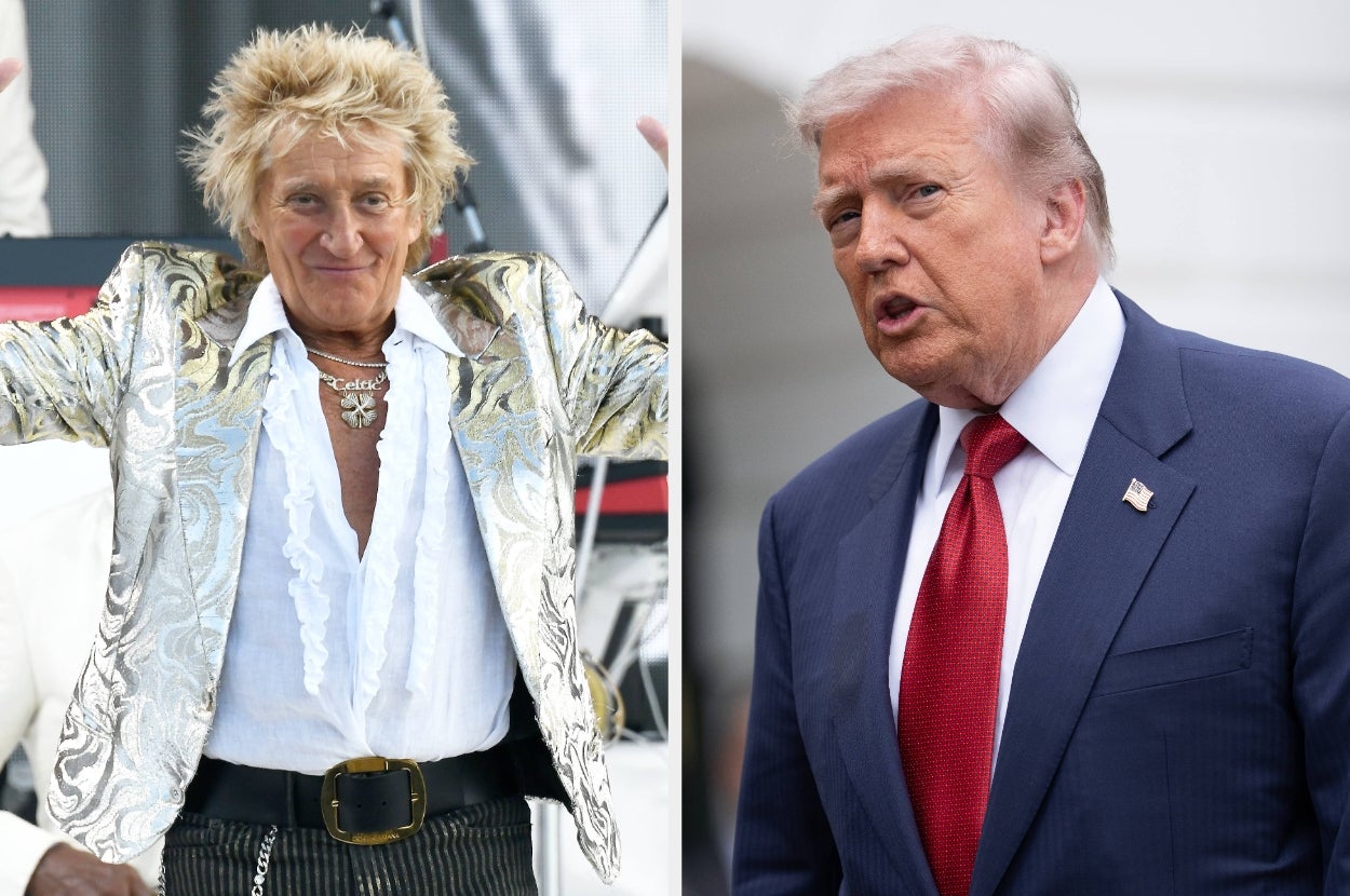 Two men, one in a metallic-patterned jacket with a loose white shirt, the other in a suit with a red tie