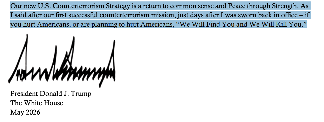 Sammendrag av et utdrag fra president Donald J. Trump som tar for seg USAs antiterrorstrategi, og nevner styrke og handling mot trusler