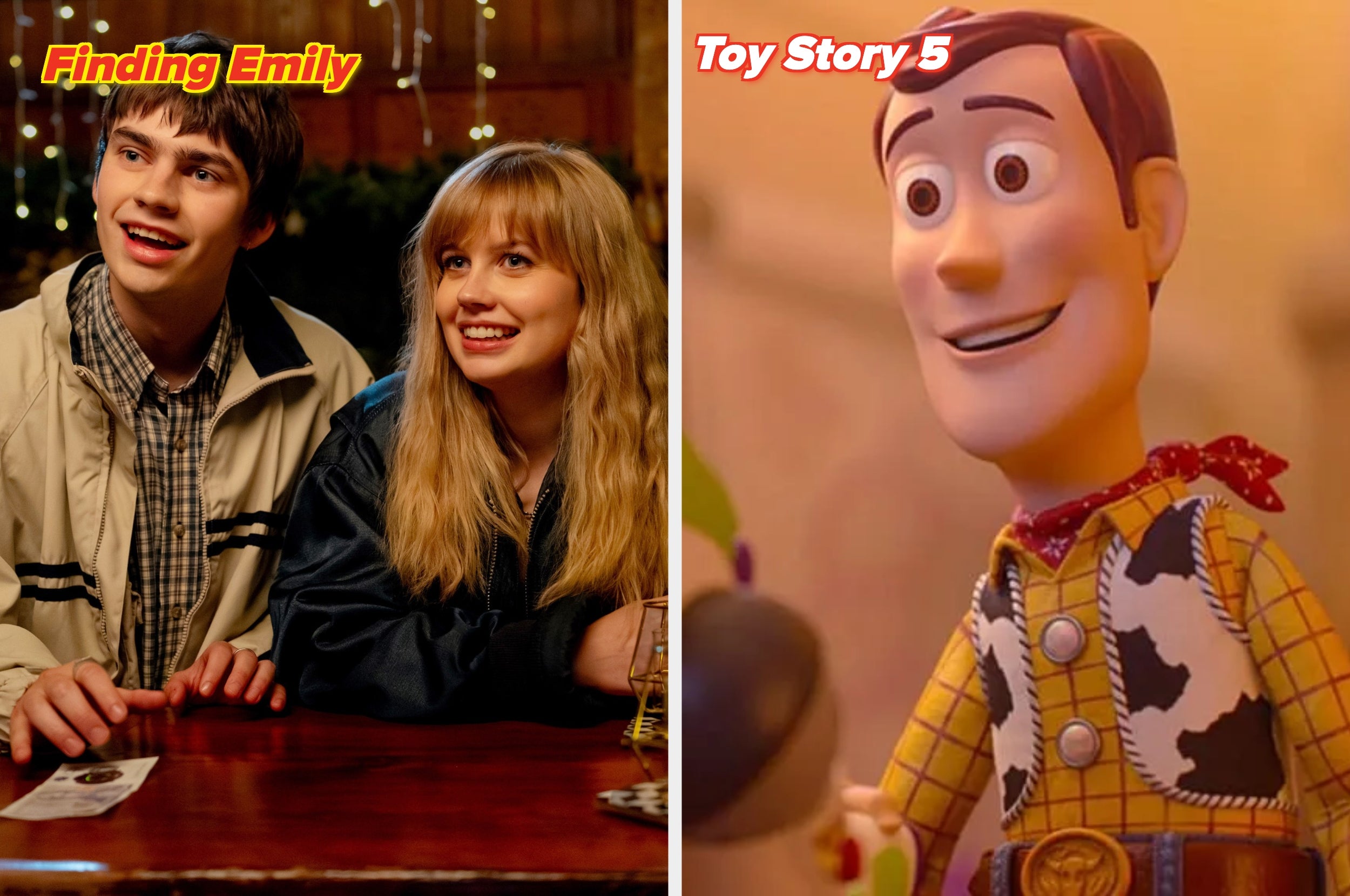Two images side by side: Left shows two smiling young adults at a table. Right features a scene from an animated film with a cowboy toy character