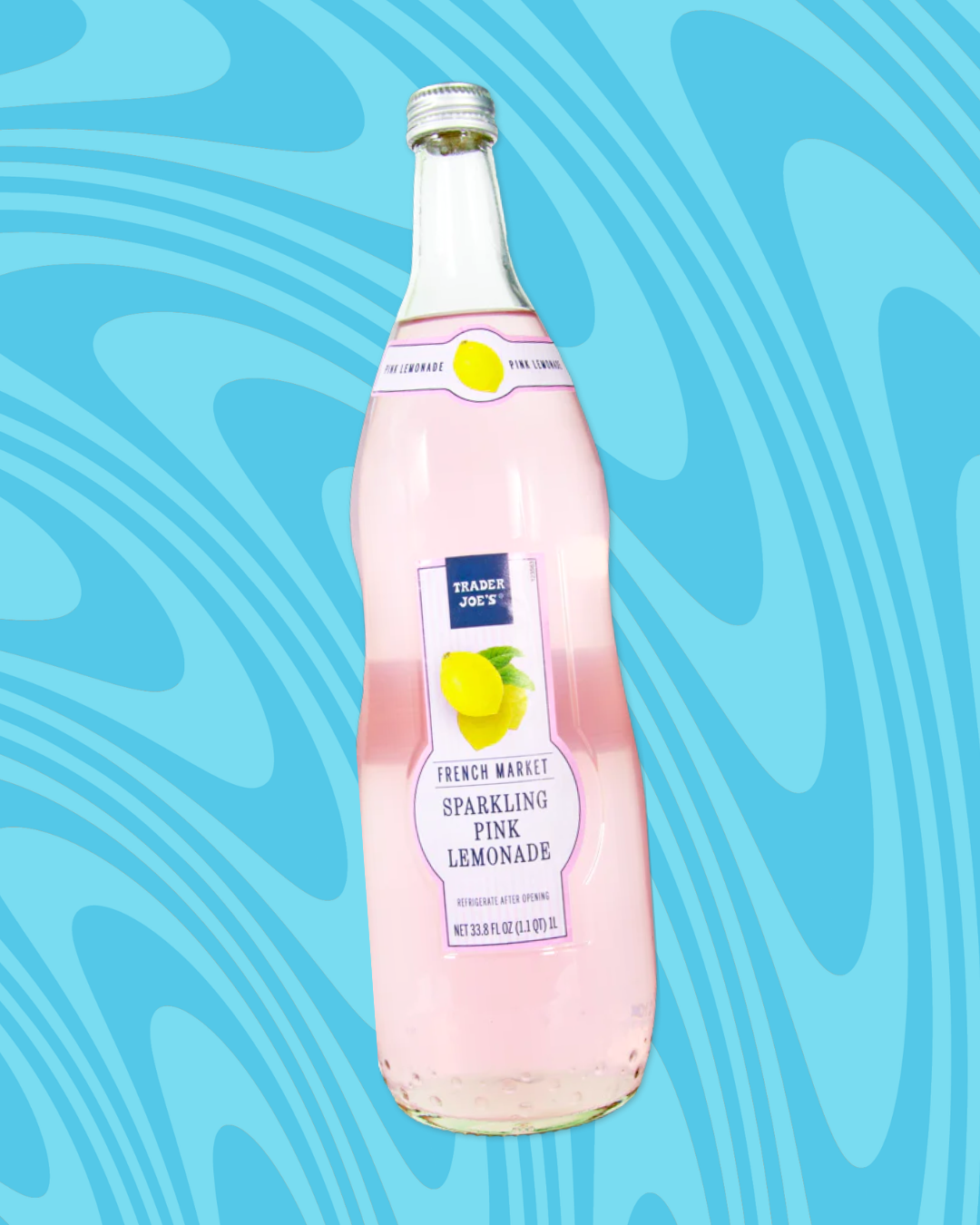 A bottle of Trader Joe's French Market Sparkling Pink Lemonade against a swirling blue background