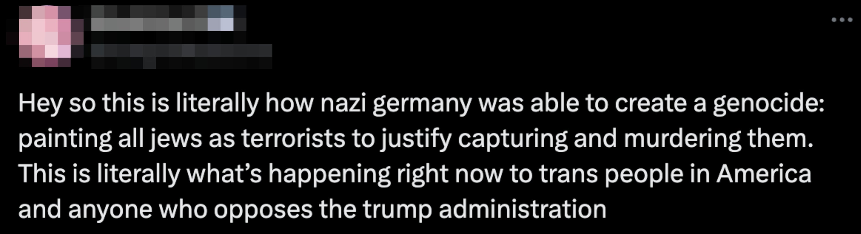 Tweet som sammenligner jødeforfølgelsen i Nazi-Tyskland med aktuelle problemer overfor transpersoner og andre som er motstandere av Trump-administrasjonen i Amerika