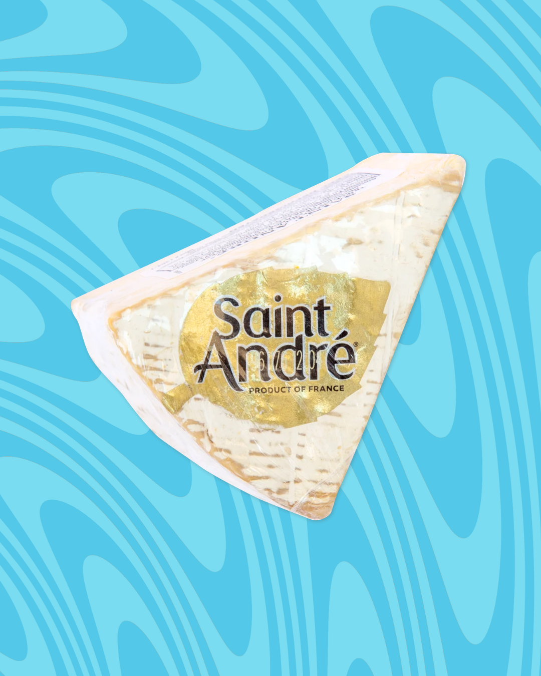 A package of Saint André cheese, labeled as a product of France, on a swirling blue background
