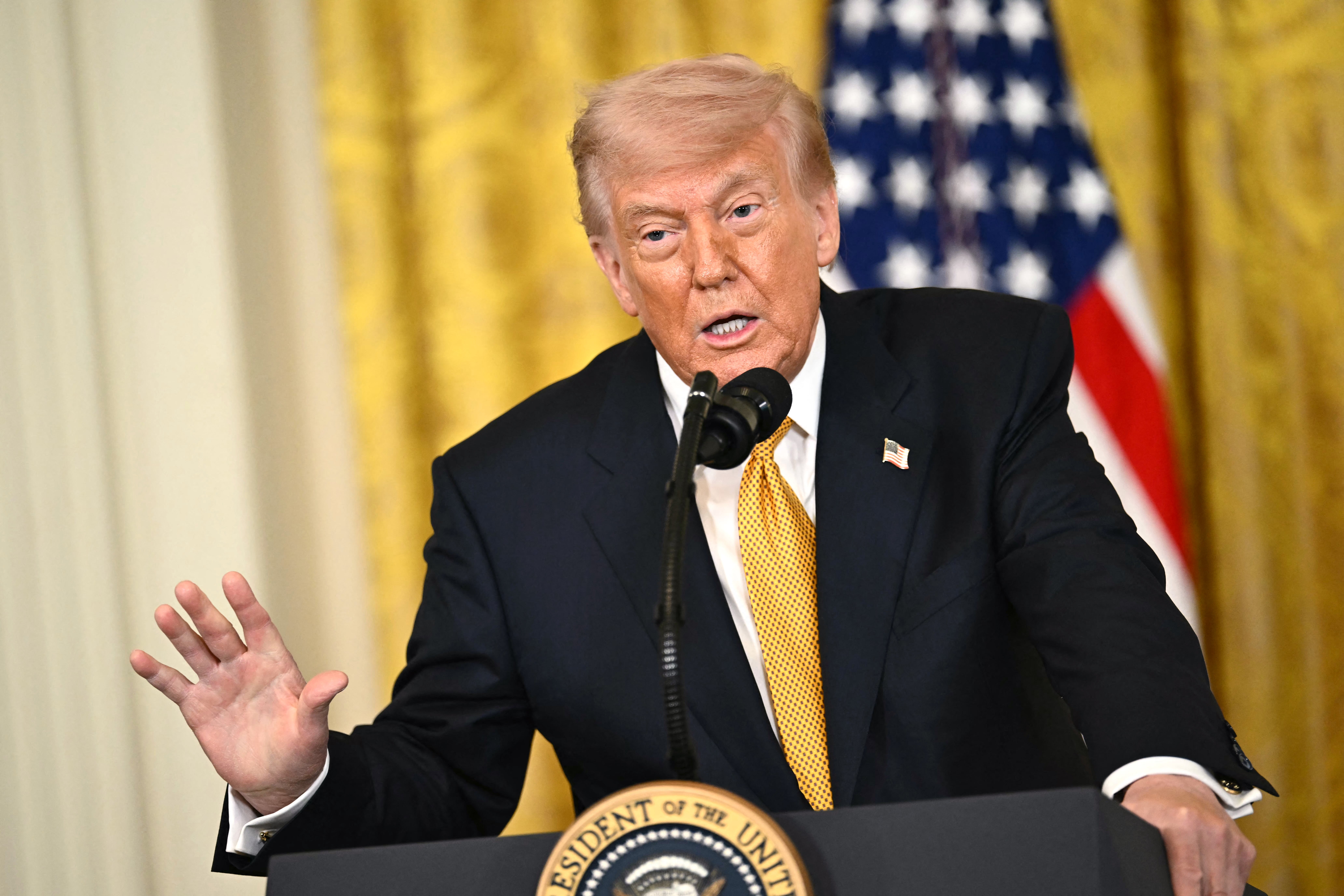 En offentlig person taler ved et podium med en mikrofon. Et amerikansk flagg og gullgardiner er synlige i bakgrunnen