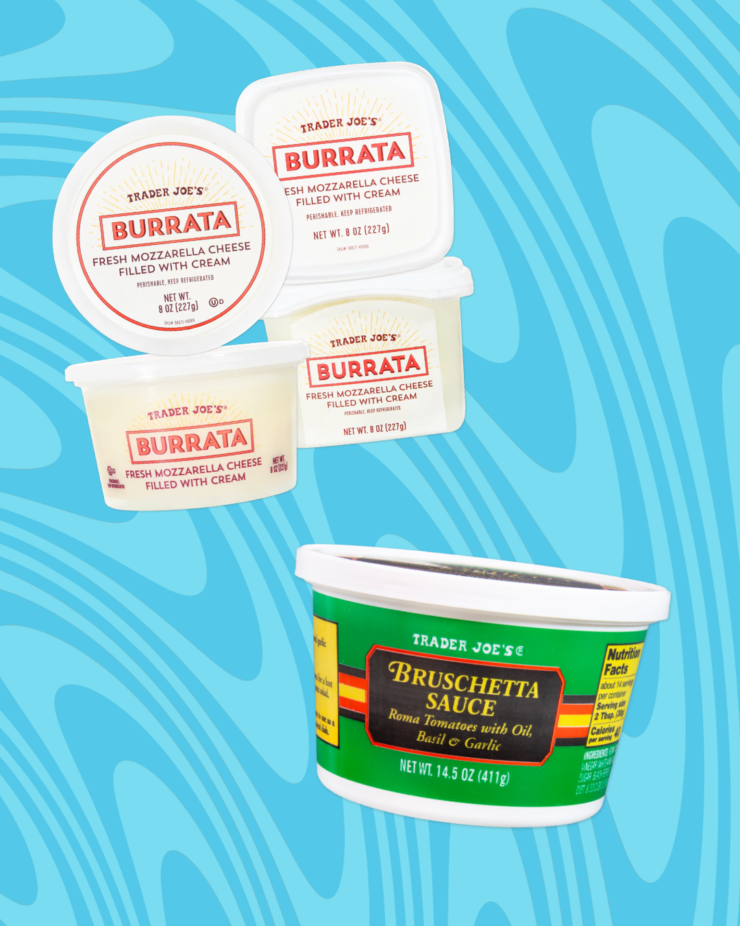 Trader Joe's products: four burrata cheese containers and one bruschetta sauce container