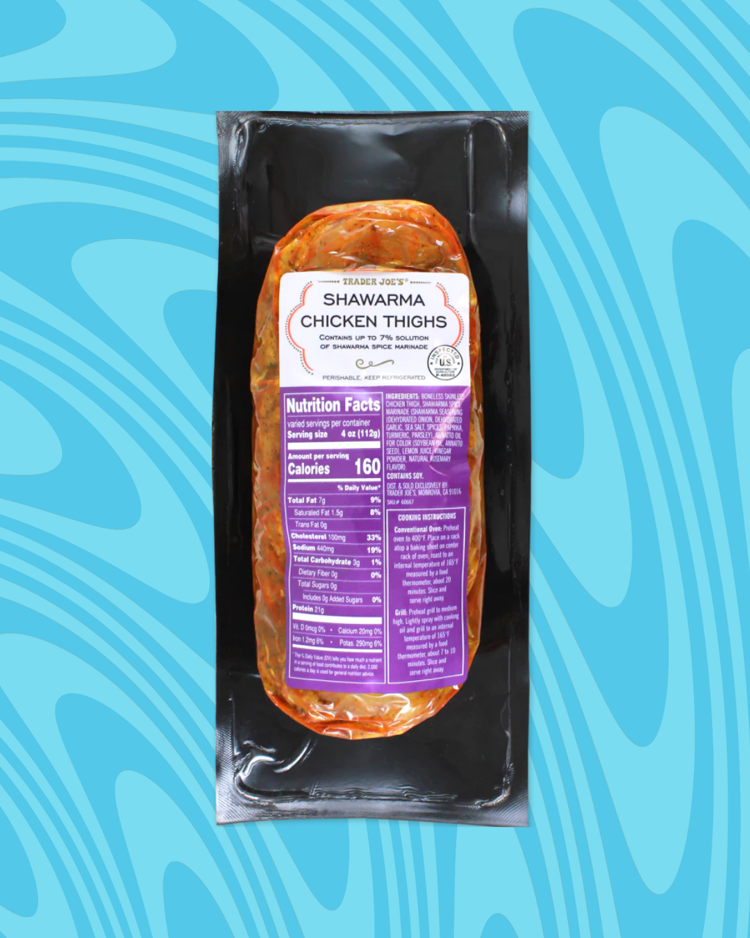 Package of Trader Joe's Shawarma Chicken Thighs on a blue patterned background