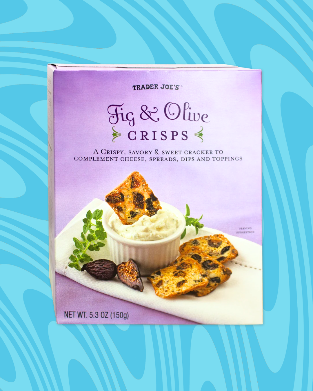Box of Trader Joe's Fig &amp;amp; Olive Crisps, described as crackers to pair with cheese, spreads, dips, and toppings