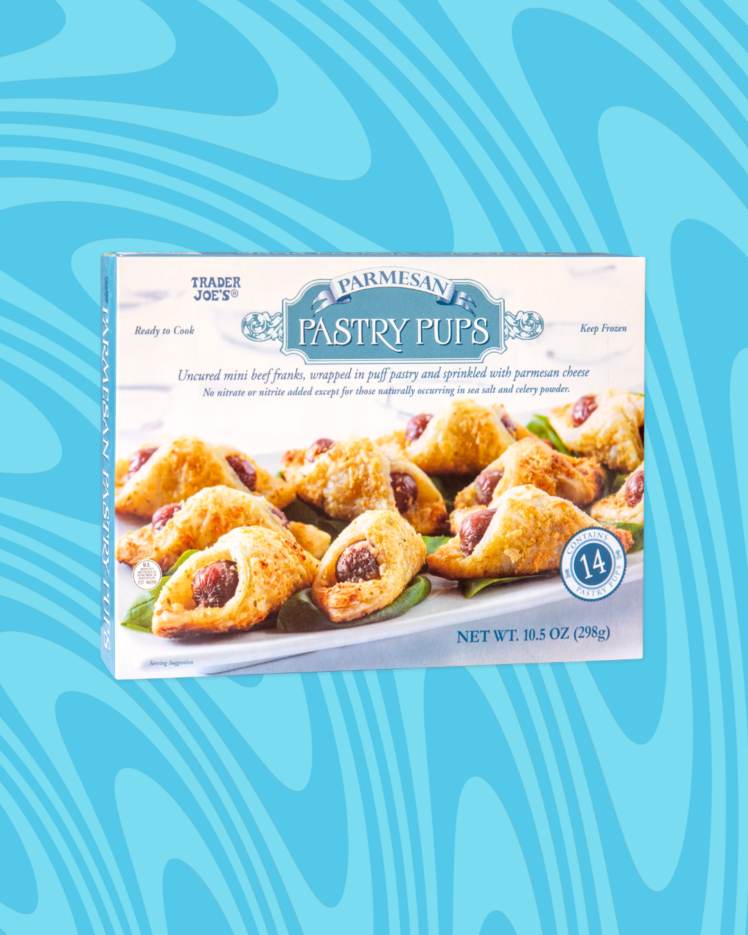 Box of Trader Joe's Parmesan Pastry Pups, mini beef franks in puff pastry with parmesan