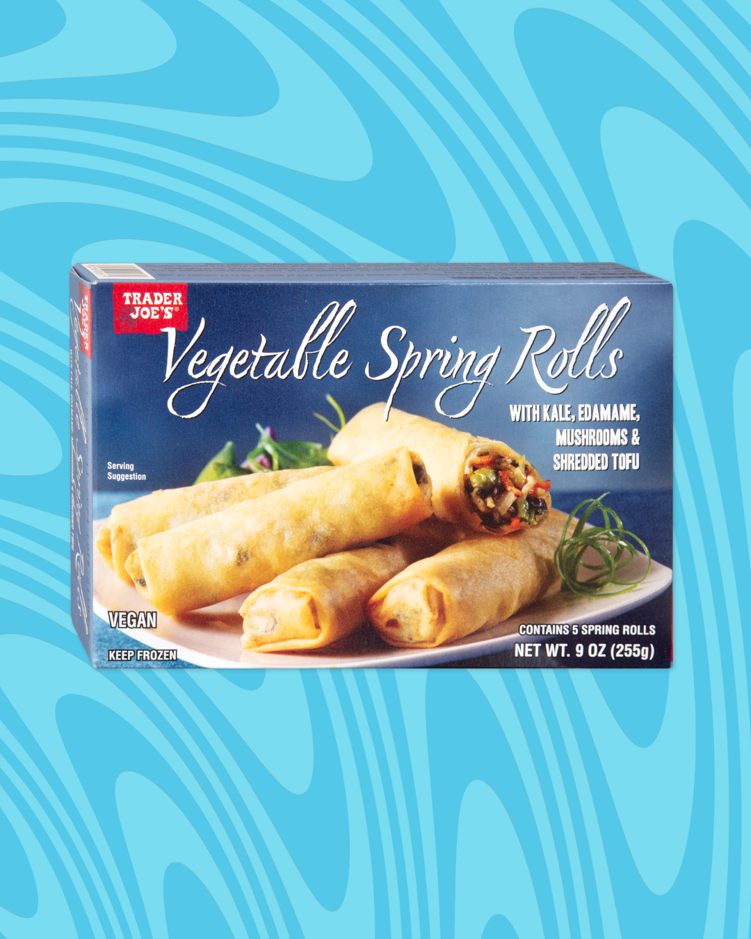 Box of Trader Joe's Vegetable Spring Rolls with kale, edamame, mushrooms, and shredded tofu. Contains five spring rolls. Vegan. Keep frozen