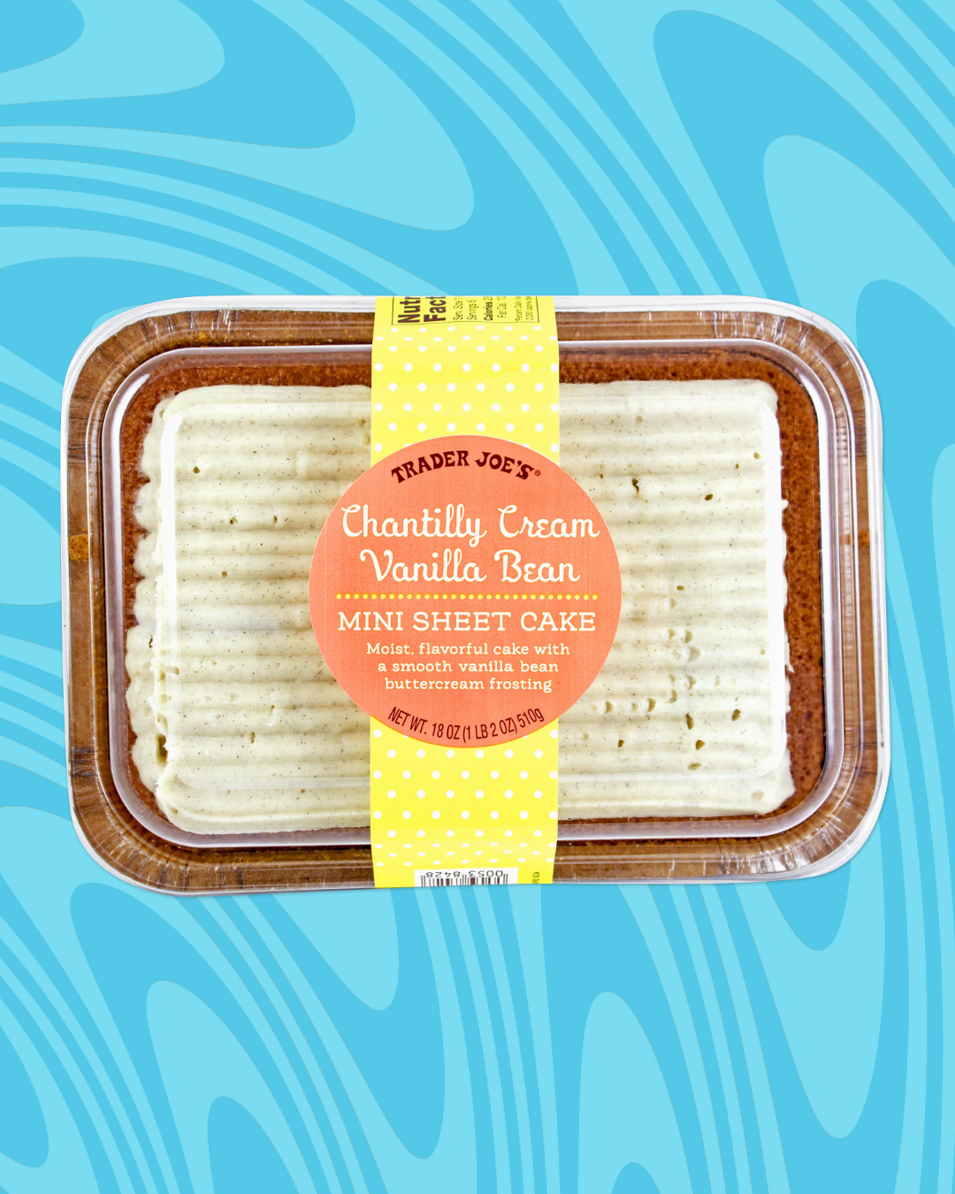 Trader Joe's Chantilly Cream Vanilla Bean Mini Sheet Cake in packaging on a blue swirl background