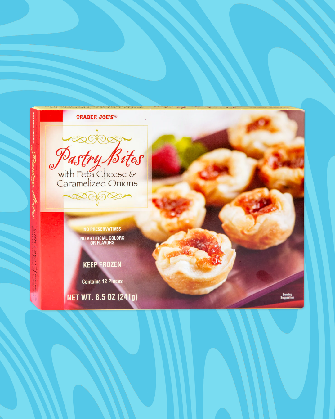 Trader Joe's Pastry Bites with feta cheese and caramelized onions, 8.5 oz package on a patterned background